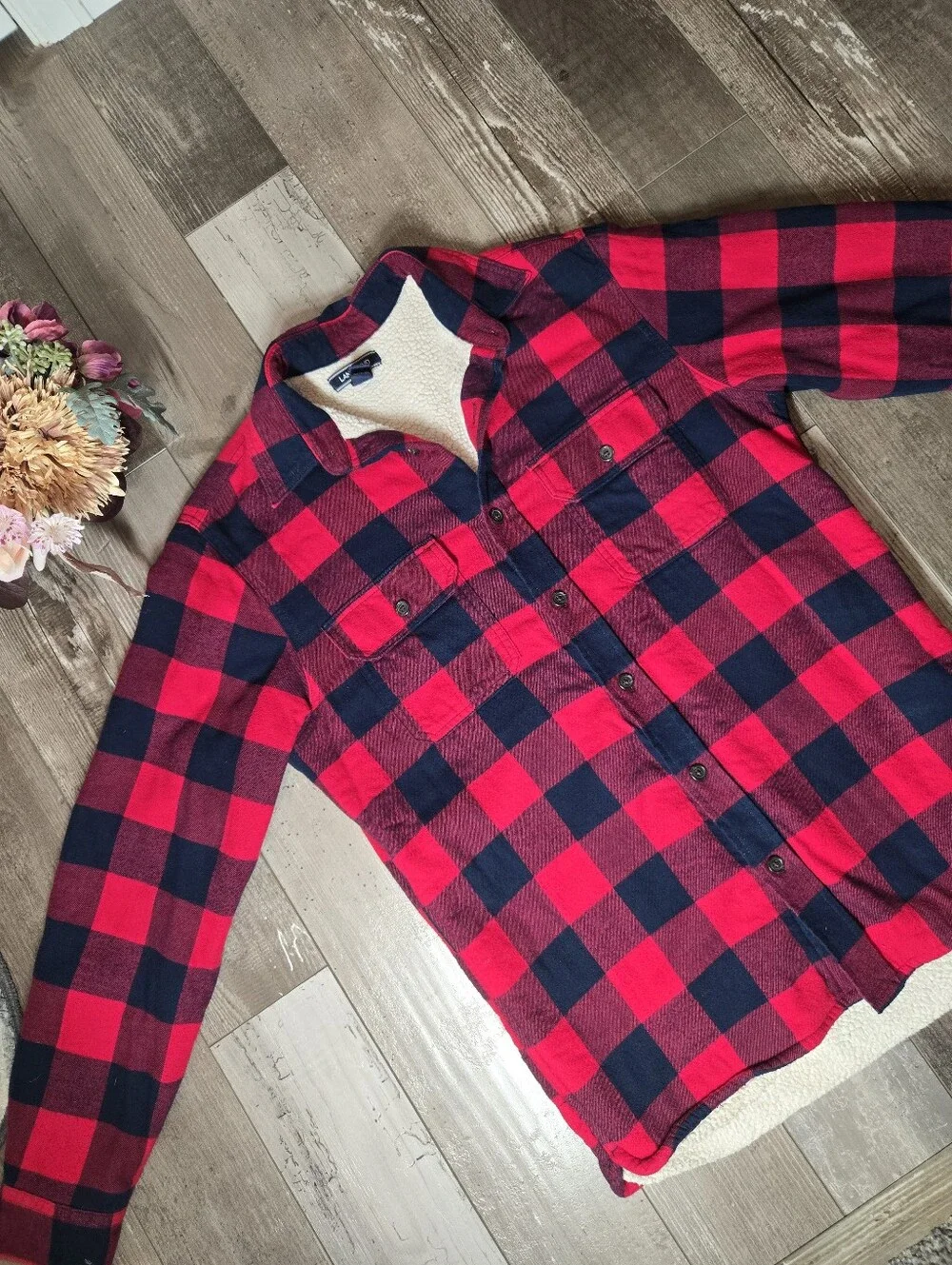 Lands’ End Red & Navy Buffalo Plaid Sherpa-Lined Shacket Men's Size Small